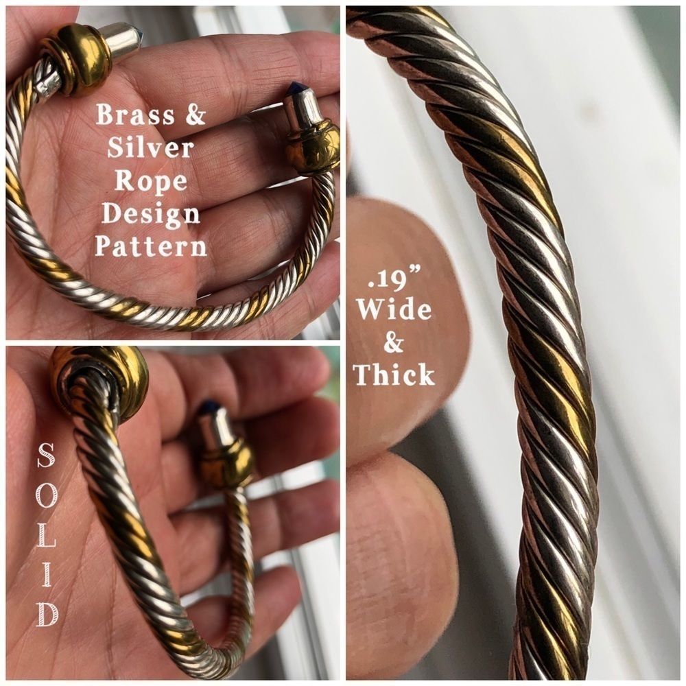 925/Brass Twisted Rope Design Lapis Cuff Bangle - Picture 4 of 8